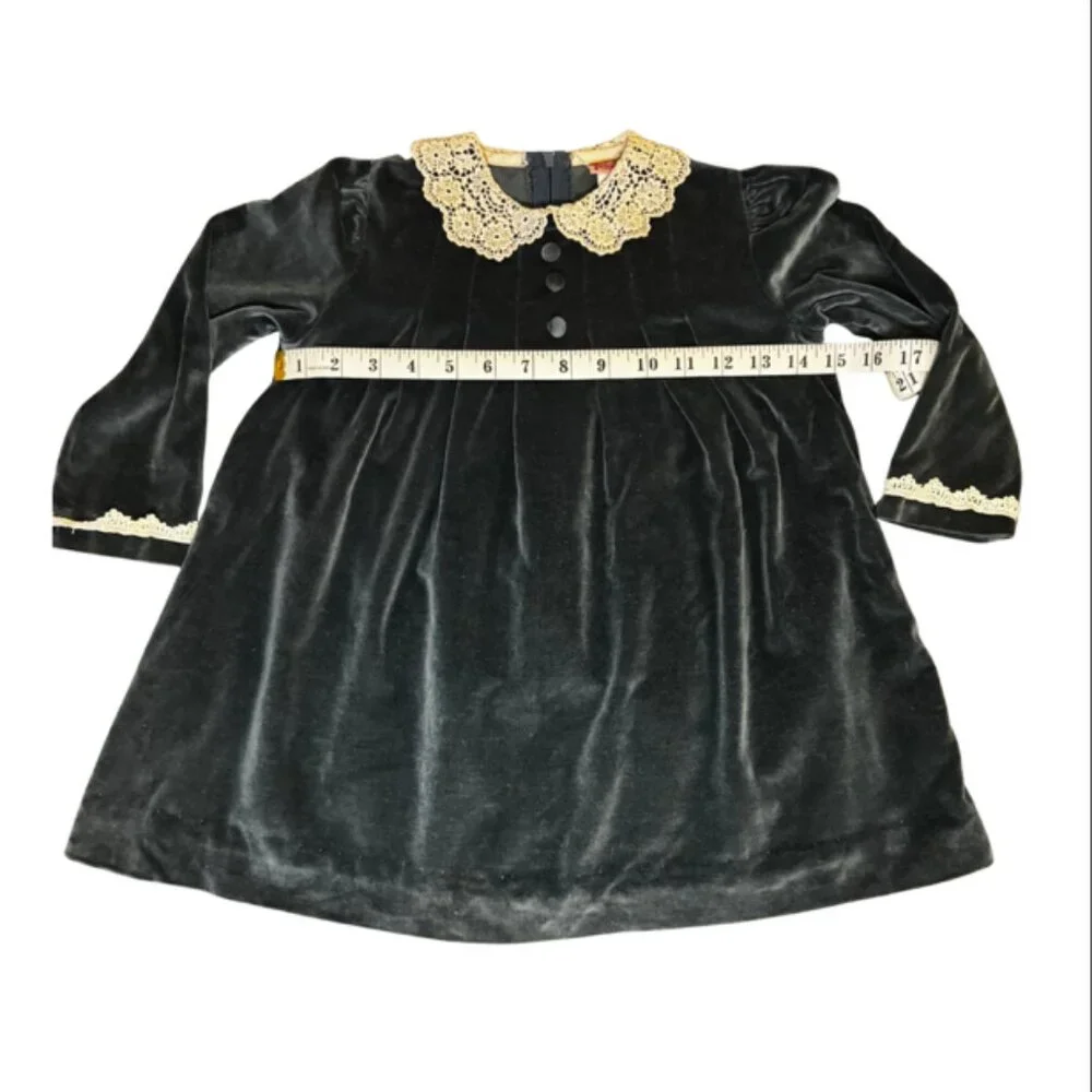 Vintage Beatique Girls Velvet Dress Size 5 –Blue Holiday Dress with Lace Collar - Picture 2 of 9